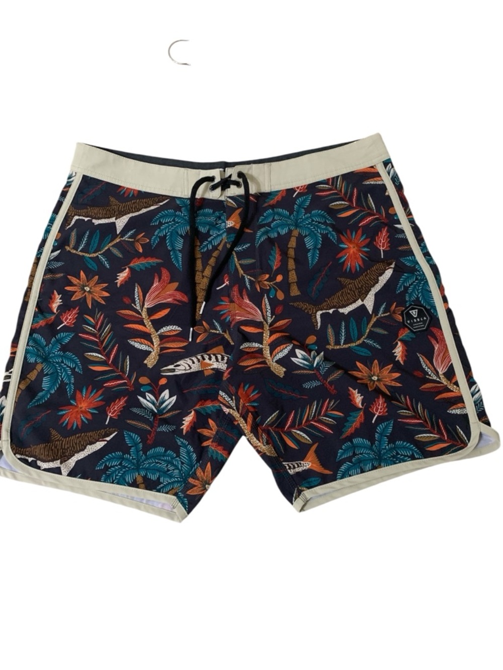 Vissla Men's Board Shorts Dark Tropical Print With Sharks Beige‎ Trim Beach 38